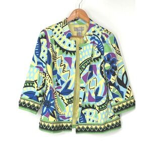 Birch Hill Womens Jacket L Open Front Blue Yellow Abstract Beaded Boho Artsy